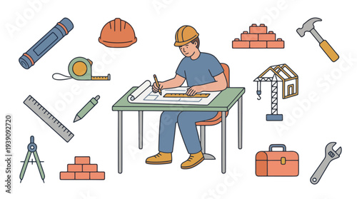 Construction Worker at Site with Building Tools and Safety Equipment Icons