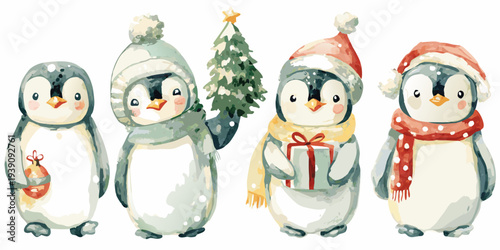Watercolor penguins in winter hats celebrating the christmas season