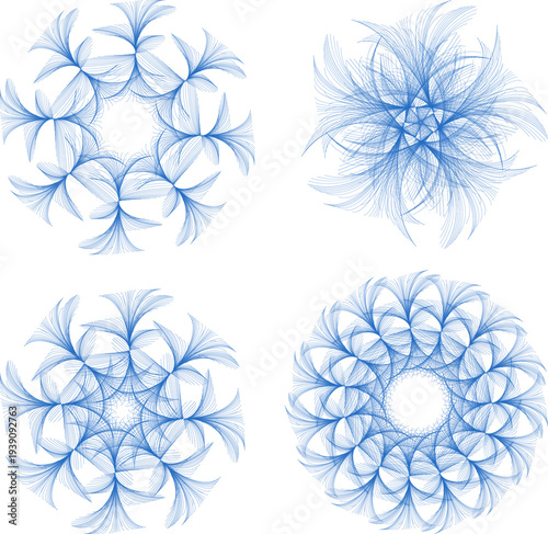 Set of 4 Blue Abstract Swirl Floral Vector Designs isolated on Transparent Background