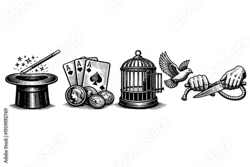 Magic Tricks and Sorcery Icons Set in Vintage Engraving Style