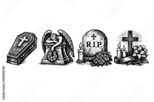 Funeral and Cemetery Symbols Vector Set in Woodcut Style