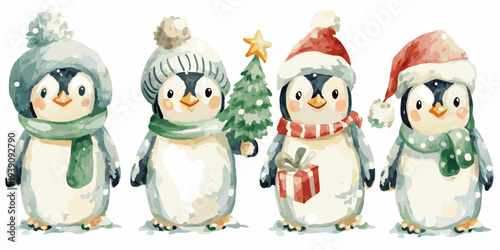 Watercolor painting of four adorable penguins celebrating the winter holidays