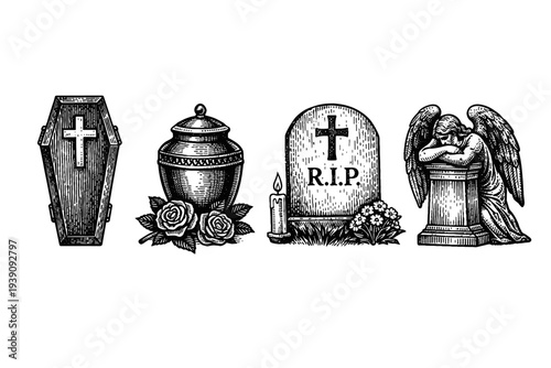 Funeral and Cemetery Symbols Vector Set in Woodcut Style