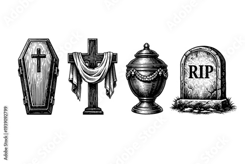 Funeral and Cemetery Symbols Vector Set in Woodcut Style