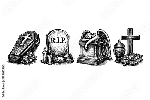 Funeral and Cemetery Symbols Vector Set in Woodcut Style