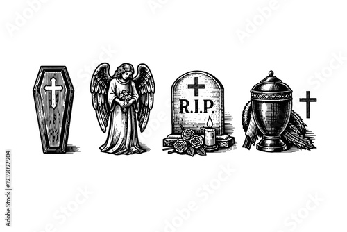 Funeral and Cemetery Symbols Vector Set in Woodcut Style
