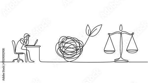Line drawing depicts a person tangled wires leaf and scales of justice