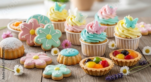 Assortment of colorful spring desserts with cupcakes, decorated cookies, and fruit tarts arranged on rustic wooden table with flowers and sugar powder