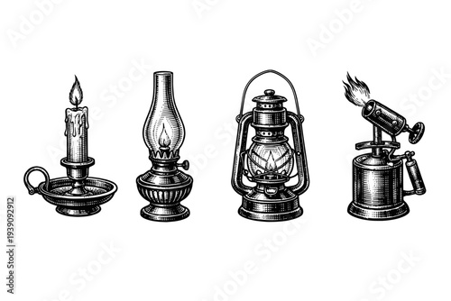 Vintage Oil Lamps and Candle Vector Illustration in Engraving Style