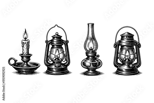 Vintage Oil Lamps and Candle Vector Illustration in Engraving Style