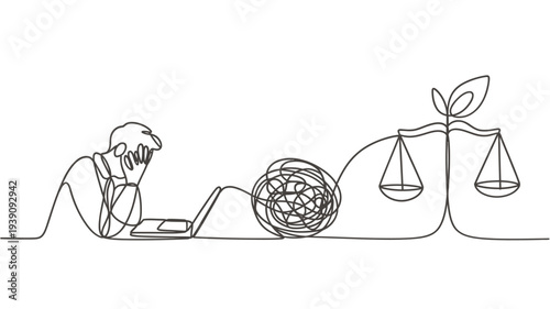 A person contemplates a tangled mess versus a growing plant on scales