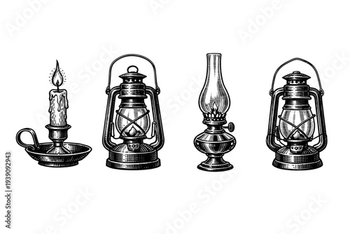 Vintage Oil Lamps and Candle Vector Illustration in Engraving Style