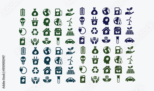Ecology and Renewable Energy Icon Set with Solar Panels Wind Turbines Recycling and Green Technology Symbols for Sustainability Design
