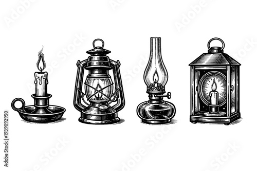 Vintage Oil Lamps and Candle Vector Illustration in Engraving Style