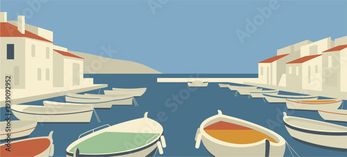 Flat vector illustration of a Mediterranean harbor with white houses, red tile roofs, and calm boats, styled in minimalist mid-century modern design.