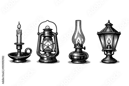 Vintage Oil Lamps and Candle Vector Illustration in Engraving Style