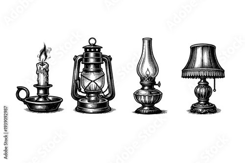 Vintage Oil Lamps and Candle Vector Illustration in Engraving Style