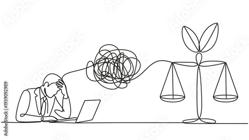 A person struggles with tangled thoughts while balancing work and personal growth