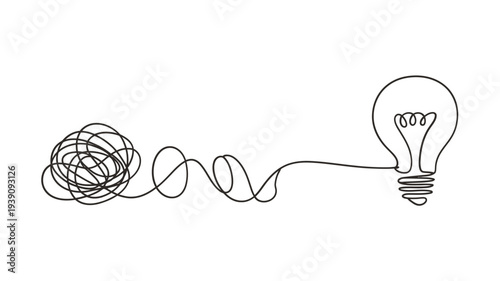 A tangled line transforms into a glowing light bulb symbolizing idea generation