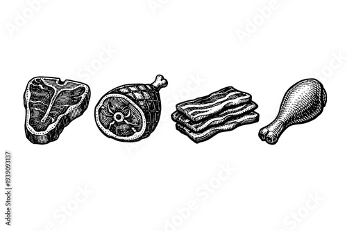 Butcher Meat Cuts and Poultry Vector Set in Hand Drawn Style