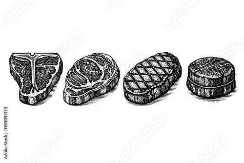 Grilled and Raw Meat Steaks Vector Set in Vintage Engraving Style