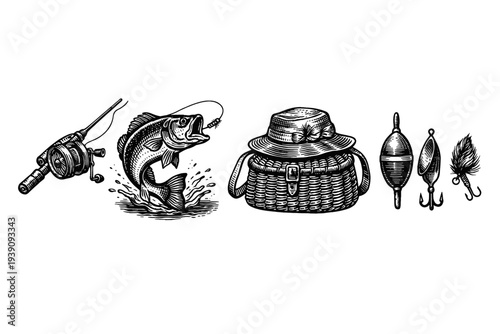 Vintage Fishing Gear and Fish Vector Illustration in Woodcut Style