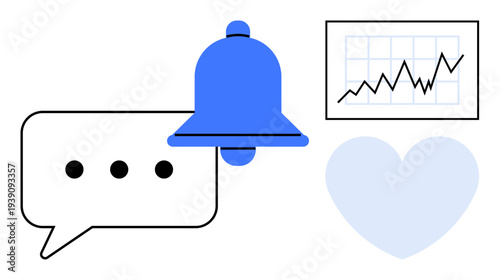Notification systems, data analytics, communication tools, financial growth, social interaction, user engagement. Bell and message bubble paired with a heart and chart. Notification systems and data