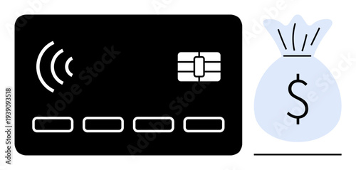 E-commerce, banking, contactless payment, digital transactions, financial management, online shopping. Credit card with contactless symbol next to money bag icon. Contactless payment and digital