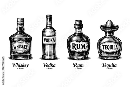 Vintage Alcohol Bottles Collection with Labels in Engraving Style