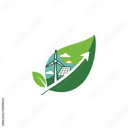Green leaf with renewable energy, growth arrow, wind turbine, solar panels