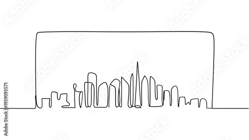 Minimalist one line drawing depicts a contemporary cityscape with abstract buildings