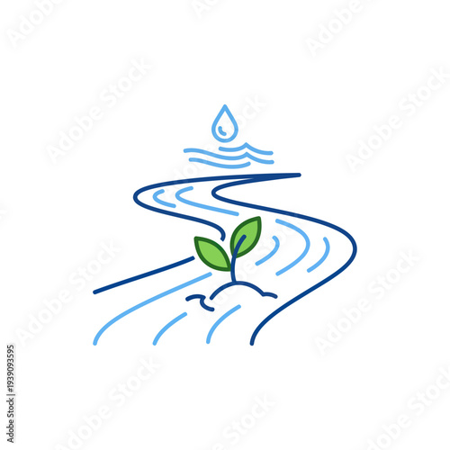 Water droplet irrigates plant sprout on winding river