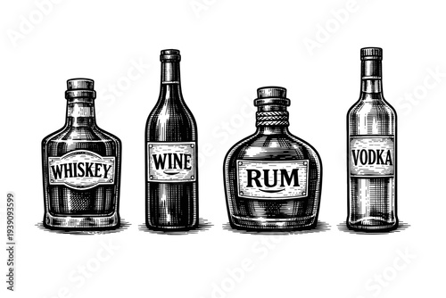 Vintage Alcohol Bottles Collection with Labels in Engraving Style