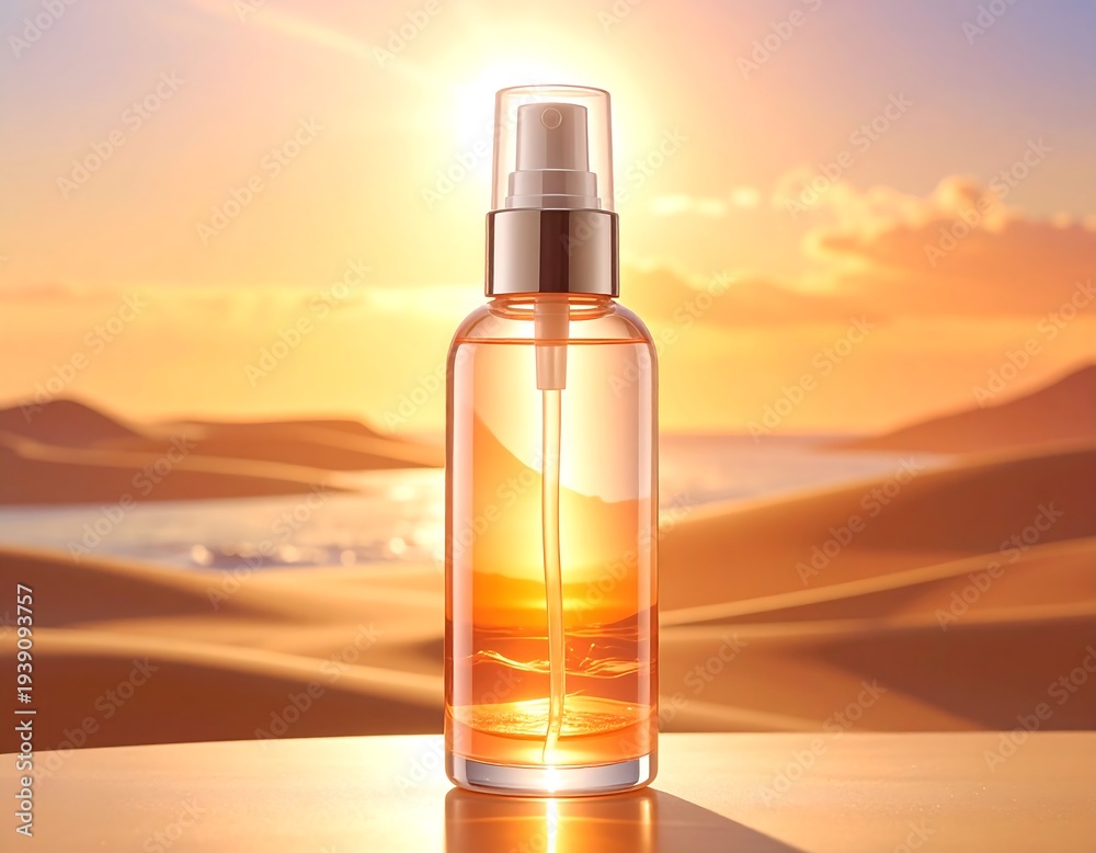 Naklejka premium A serene desert scene with a spray bottle on a table