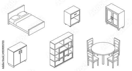 Set of isometric furniture drawings for interior design.
