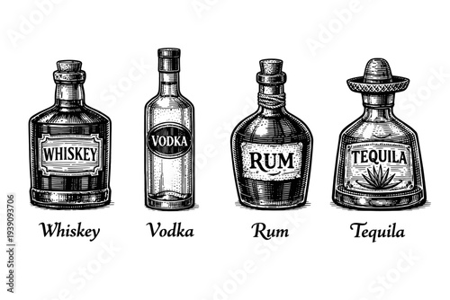 Vintage Alcohol Bottles Collection with Labels in Engraving Style