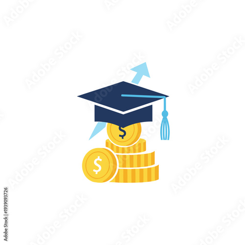 Graduation cap on stack of dollar coins with upward arrow
