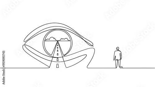 A continuous line drawing of an eye containing a landscape and a tiny person
