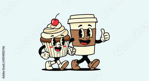 Fun vintage cartoon style characters of a cupcake and a take away coffee cup walking together and giving a thumbs up sign of friendship.