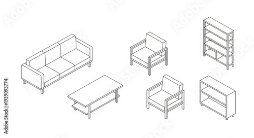Isometric line drawing of modern furniture set.