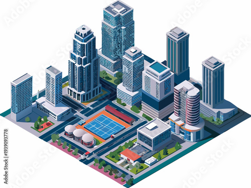 Isometric illustration of a modern city with skyscrapers and recreational areas