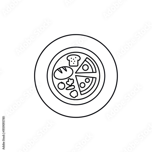 Plate with bread pizza vegetables and toast outline icon