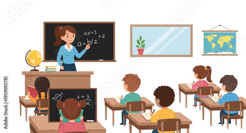 Teacher instructing students in a classroom setting with desks and blackboard.