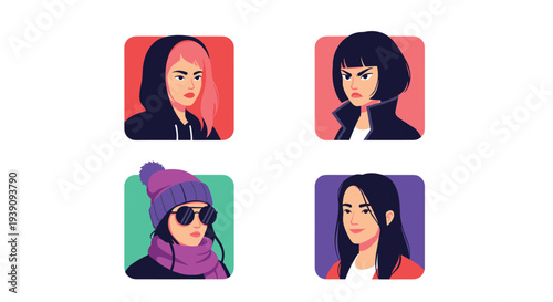 Collection of four diverse female avatars with different hair styles and accessories set in colorful square boxes for social media profiles.