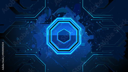 Abstract blue circuit board pattern with a central octagonal focus