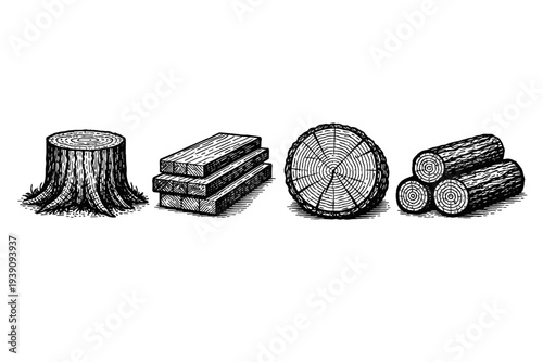 Wood Logs and Lumber Industry Vector Icons in Hand Drawn Style