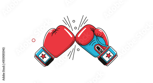 Pair of red and blue boxing gloves clashing together in a dramatic impact with sparks and lines for sports and competition themes.