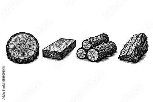 Wood Logs and Lumber Industry Vector Icons in Hand Drawn Style