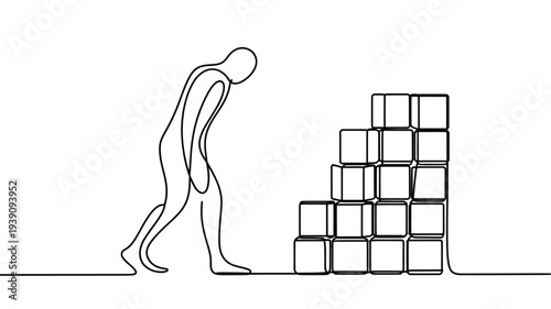A single line drawing depicts a person struggling to carry stacked cubes