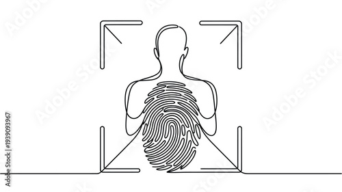 Continuous line drawing of a person with a fingerprint centered on the chest